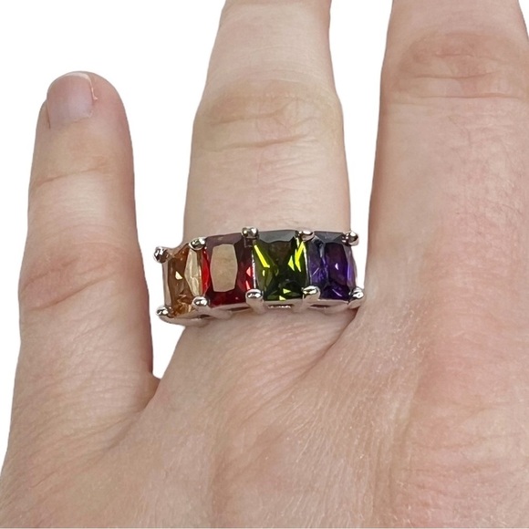 Emerald Cut Glass Stone Multicolored Rainbow Silver Tone Ring - Picture 1 of 9